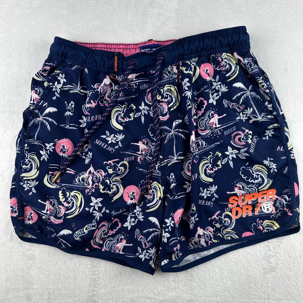 Superdry Mens Size L Blue Tropical Hawaiian Print Swim Shorts Trunks Swimwear